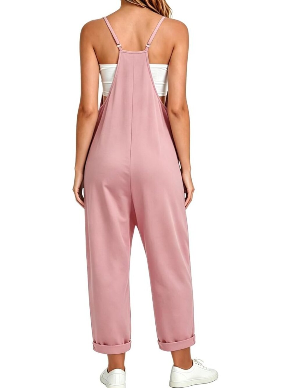 Women's Pink Summer V Neck Sleeveless Adjustable Straps With 2 Pockets Rompers - Picture 4 of 6